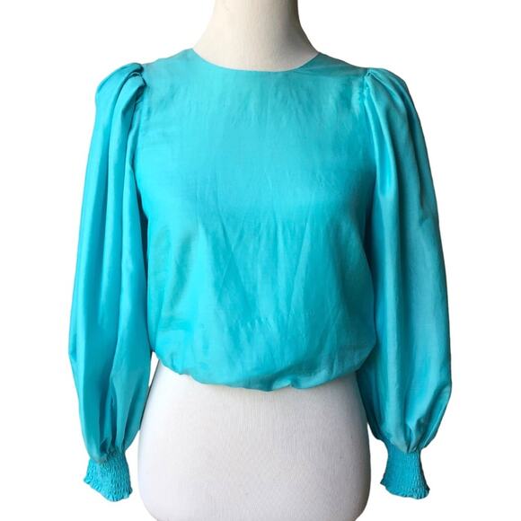Alice + Olivia Shondra cotton silk blend blouse in aqua sz xs - Picture 5 of 10